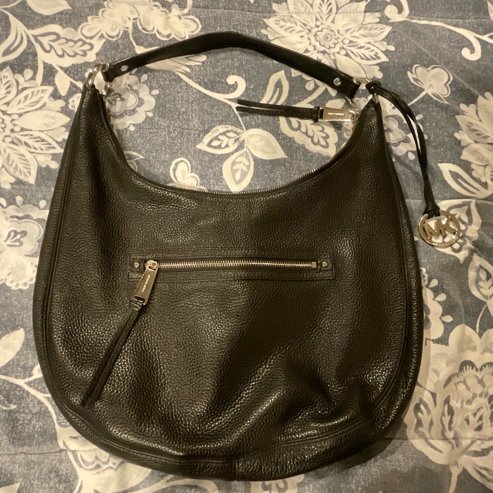 Michael Kors Rhea Zip Hobo Purse, Black with Silver Hardware